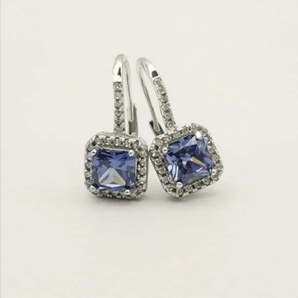 Sterling Silver CZ Sapphire CZ square cut earrings lever backs - Picture 6 of 9